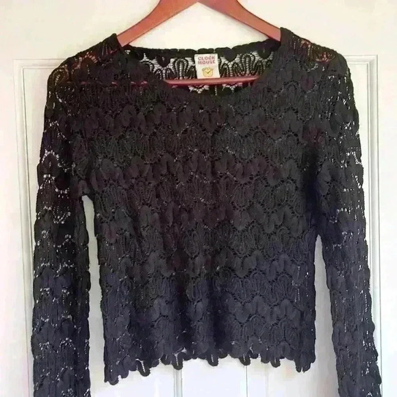 Sheer Black Crochet Lace Top feminine grunge Whimsigoth cybergoth nosferatu - Picture 1 of 4